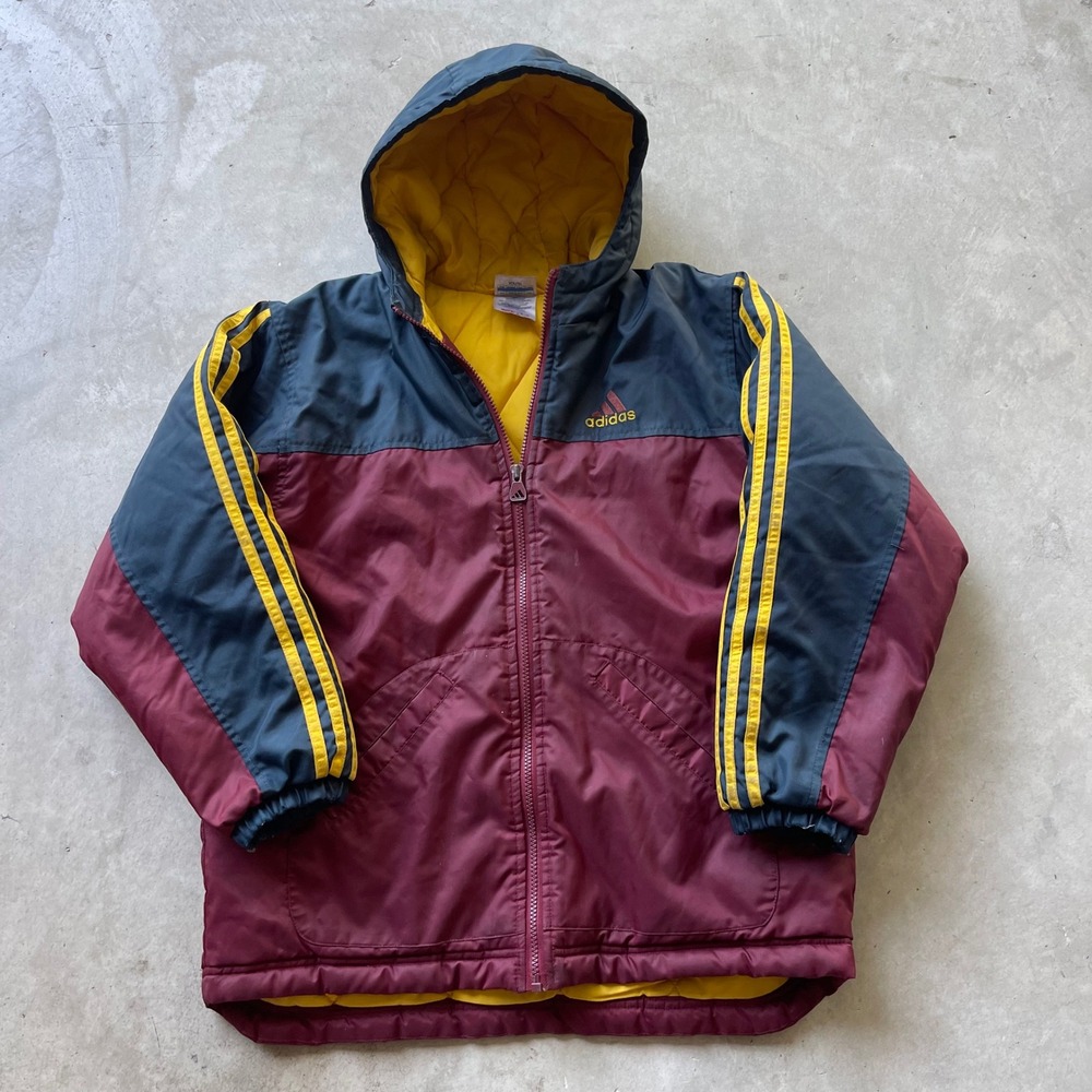 Vintage Adidas Youth Medium Puffer Jacket Maroon Navy Blue Yellow Hooded Coat